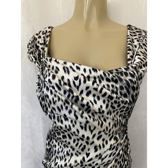 NWOT Tadashi Shoji Sheath Dress Gray Black Animal Cheetah Leo Print Cap … - Picture 3 of 6